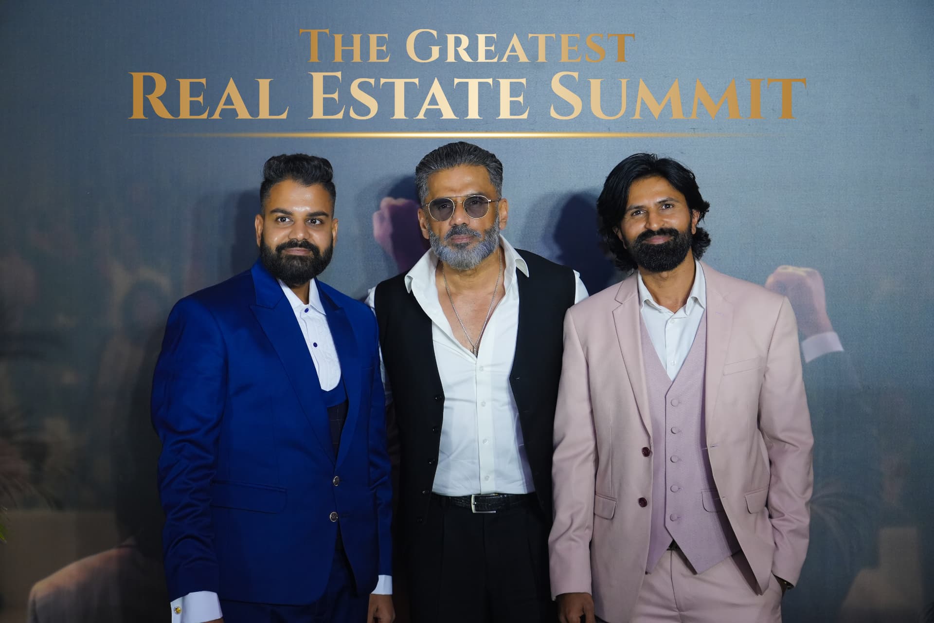 CA Mayur Mehta and Dev Gadhvi with Suniel Shetty at The Greatest Real Estate Summit