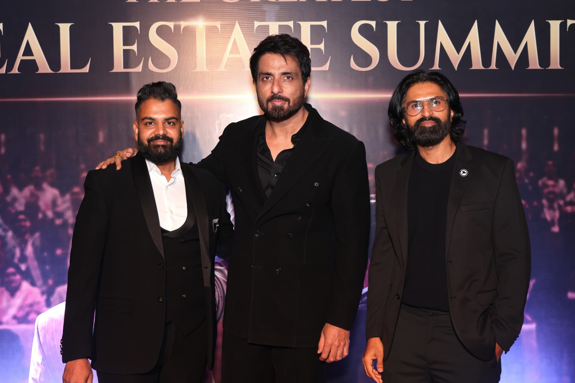 Dev Gadhvi and CA Mayur Mehta with Sonu Sood at The Greatest Real Estate Summit