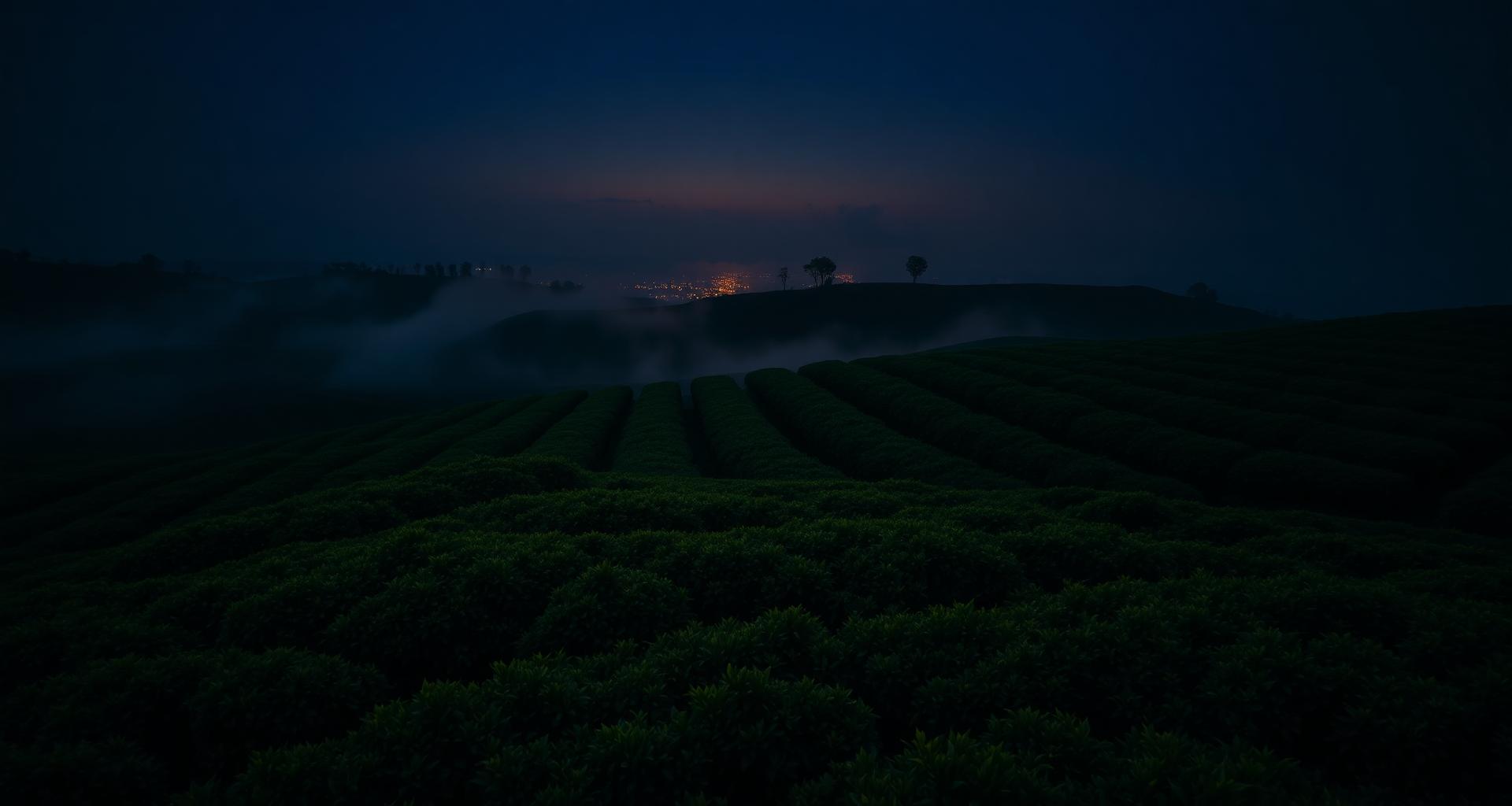 Mist rolling over the tea gardens of Assam at dusk, Manohari Tea Resort
